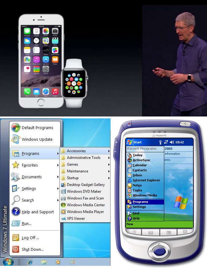 'Look familiar?,' James Allworth asked. This photo montage compares how the 'app paradigm' mistakenly followed from iOS to the Apple Watch, somewhat analogous to Microsoft's failed attempt at taking Windows and scaling it down for their first mobile offerings.