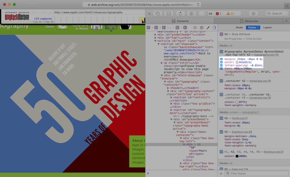 Screenshot of how they achieved the 50 blend with CSS They used some margin and letter spacing to blend the 50 into the gray upper right box