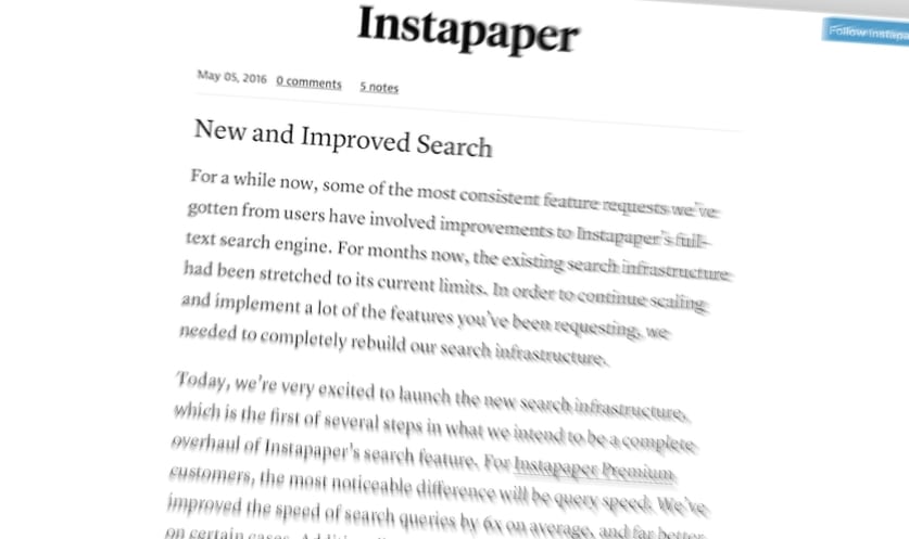 Screenshot of Instapaper blog post announcing new Search features New Search features for Instapaper