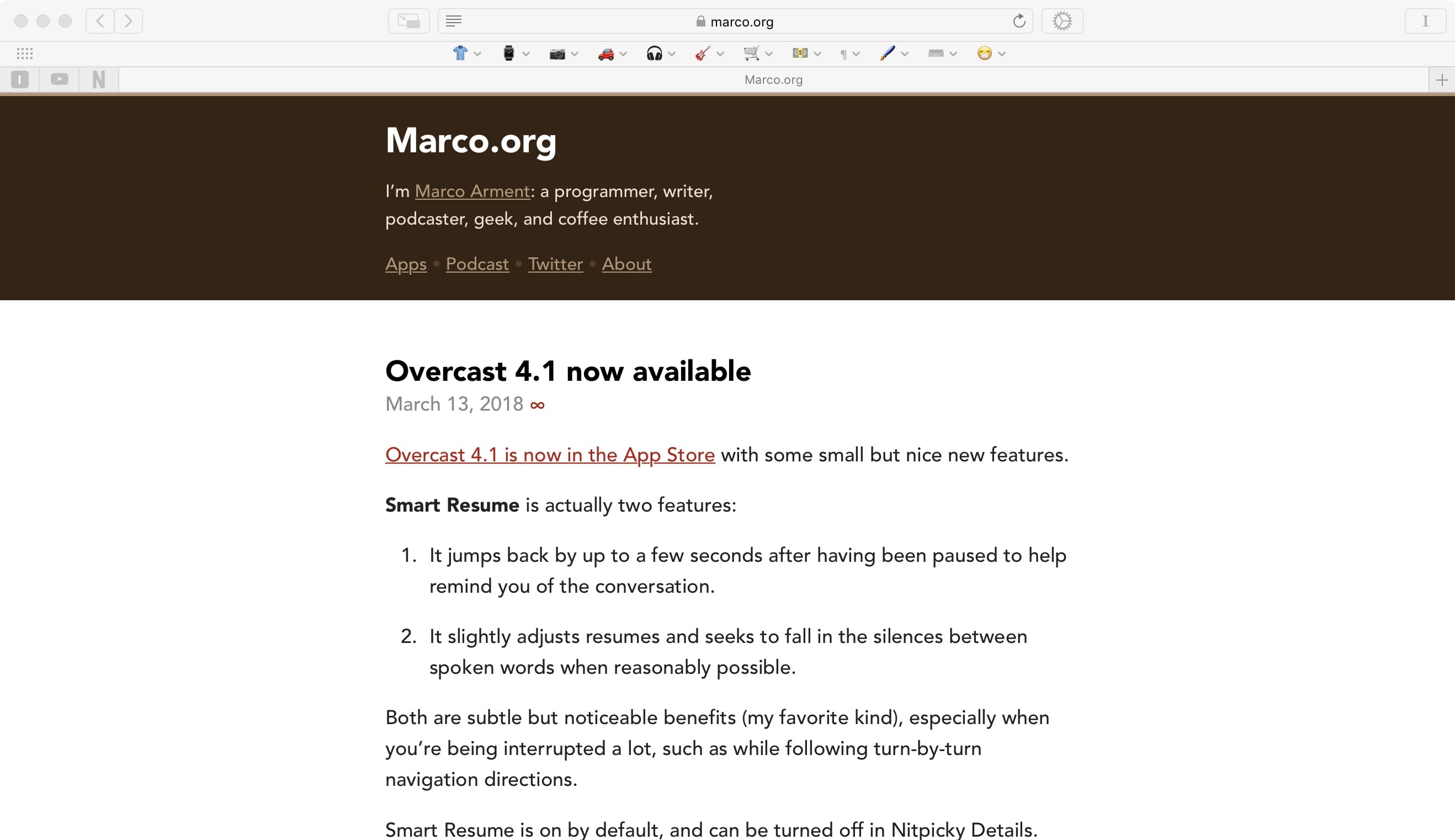 Marco.org with specific 'fixes' applied With specific Marco.org blacklisting. See how the title text is now vertically centered in the brown masthead? That's because I made the masthead 'taller.' (Probably would have been better if Marco used display: flex; in this situation, but what do I know?)