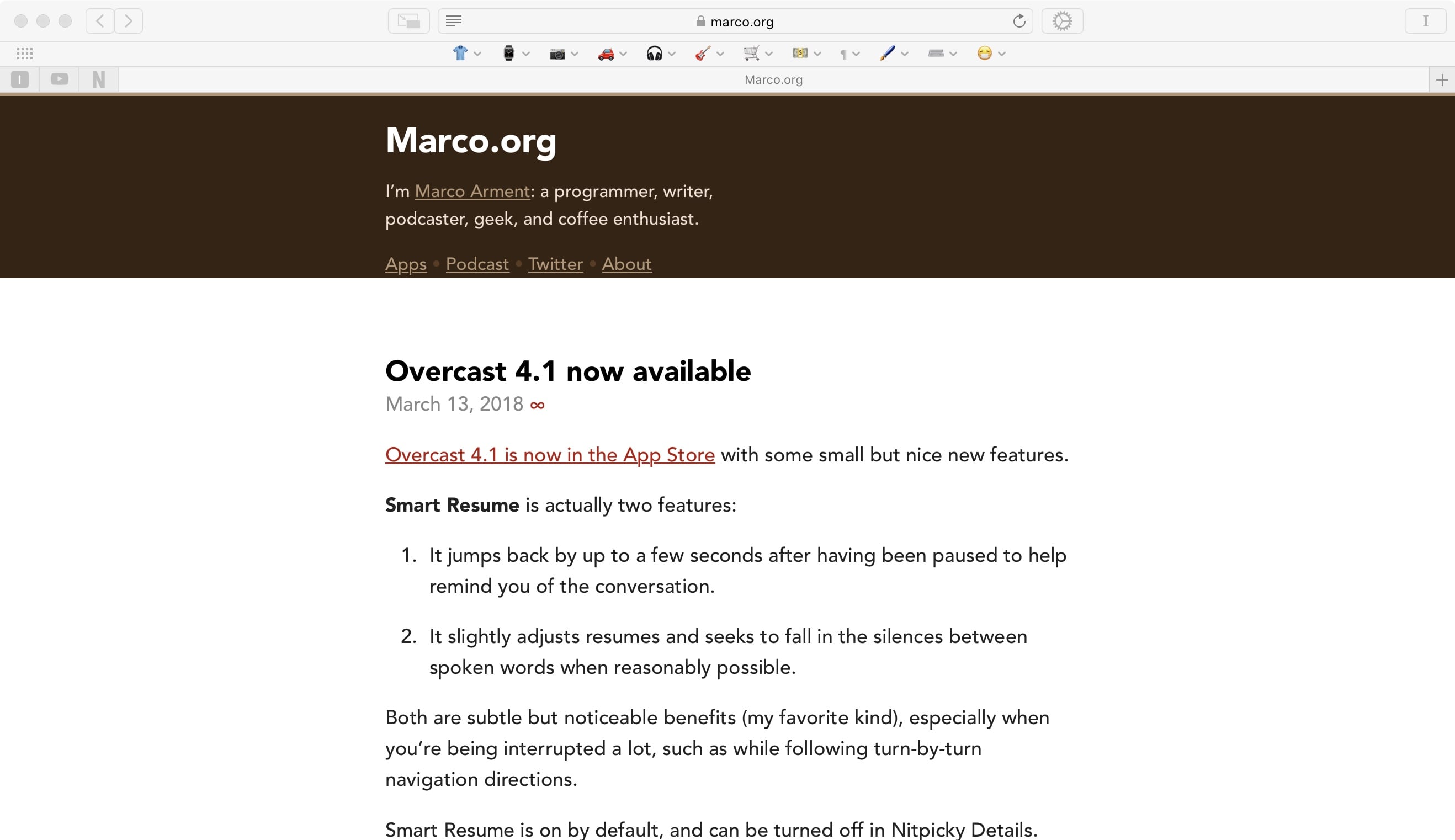 Marco.org without specific 'fixes' applied Without specific Marco.org blacklisting. See how the title text isn't vertically centered in the brown masthead?