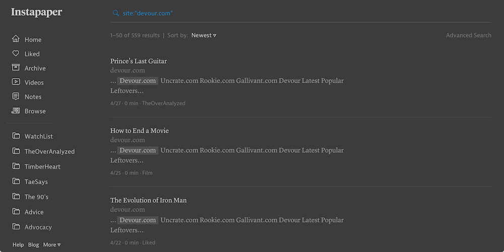 Screenshot of new Search in action Yay---it found the right saved item!