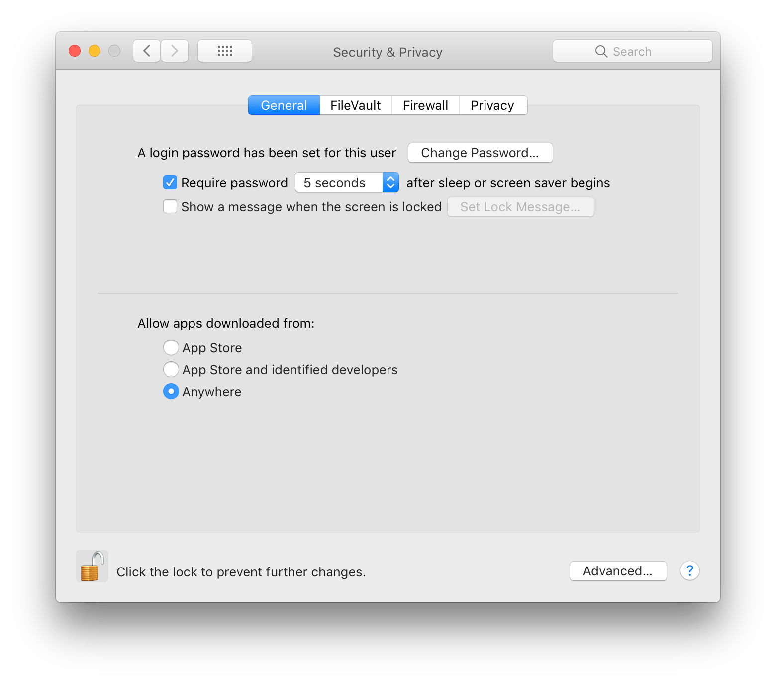 This is a screenshot showing the Allow apps downloaded from Anywhere option as available