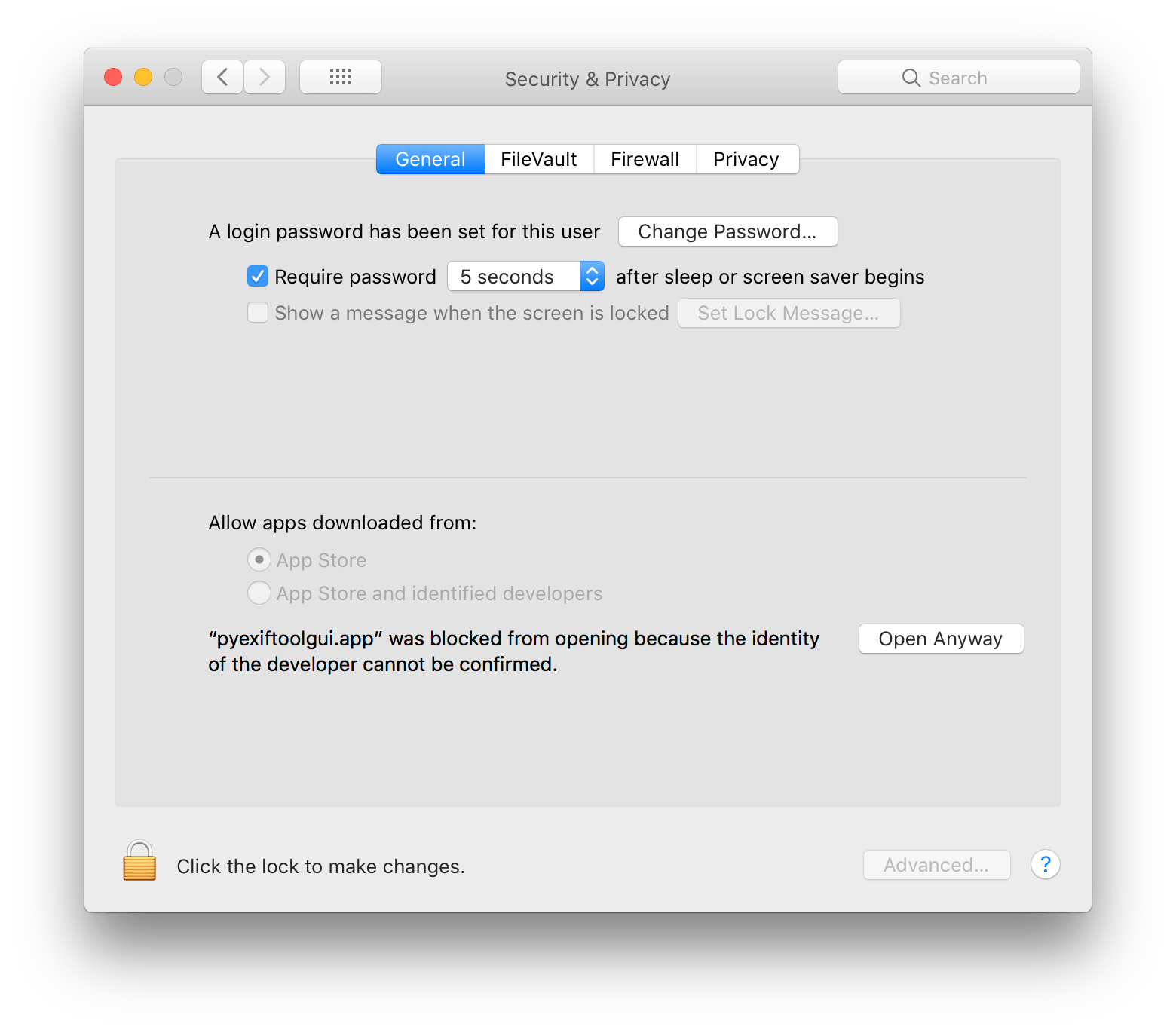 This is a screenshot of System Preferences "Security & Privacy" tab, before disabling Gatekeeper